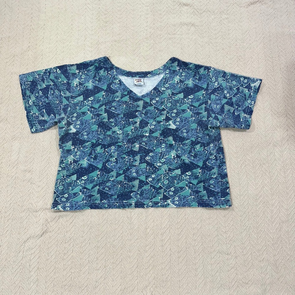 Vintage Crazy Shirt Hawaii Top Womens Large Cotton V-Neck Fish Print Boxy AOP